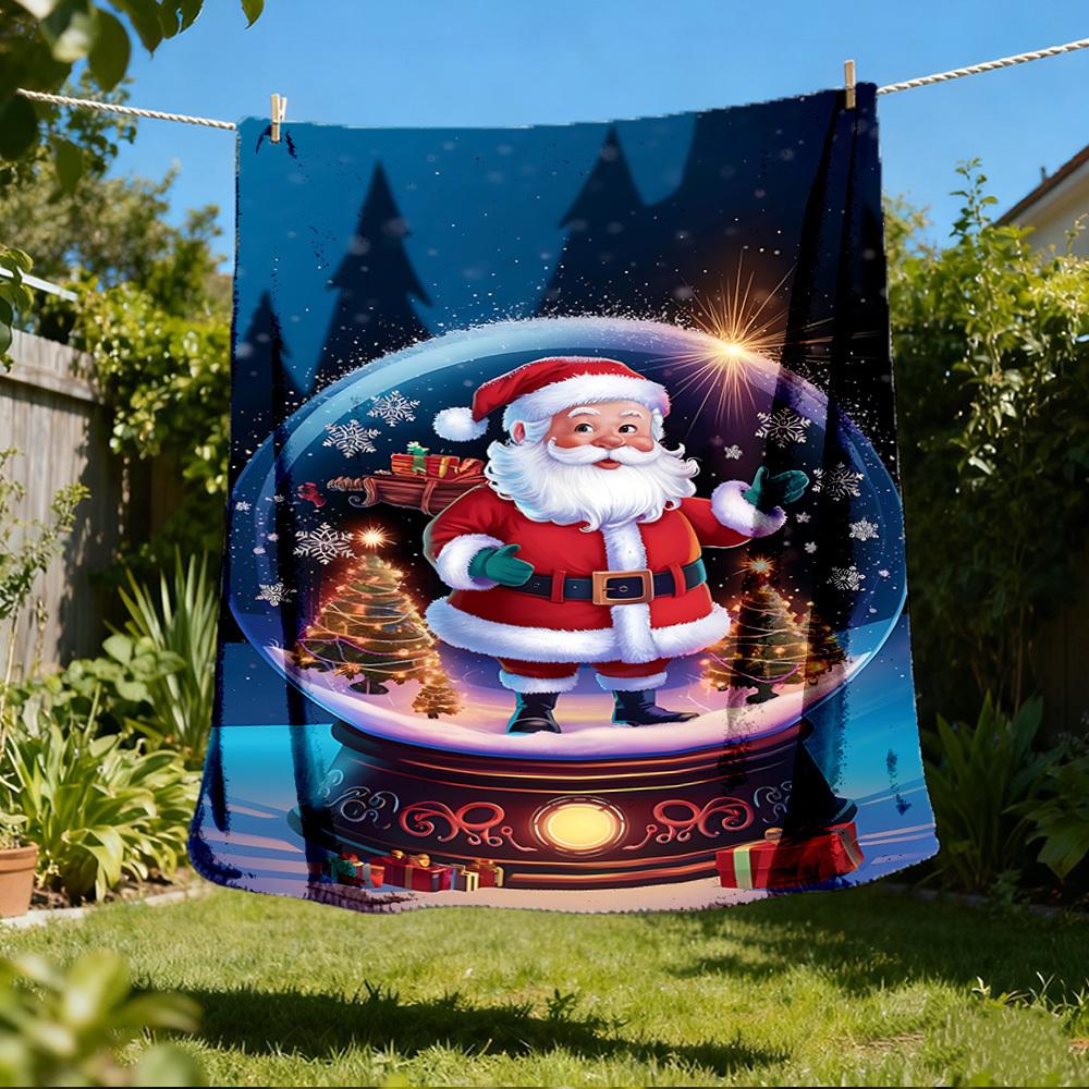 1pc Snow Globe Santa Claus Outdoor Flannel Blanket Soft All Season Polyester Throw , Perfect for Picnics & Travel , Picnic Accessory