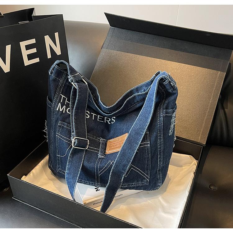 2024 trendy literary denim bag fashionable versatile simple shoulder bag messenger bag student class bag