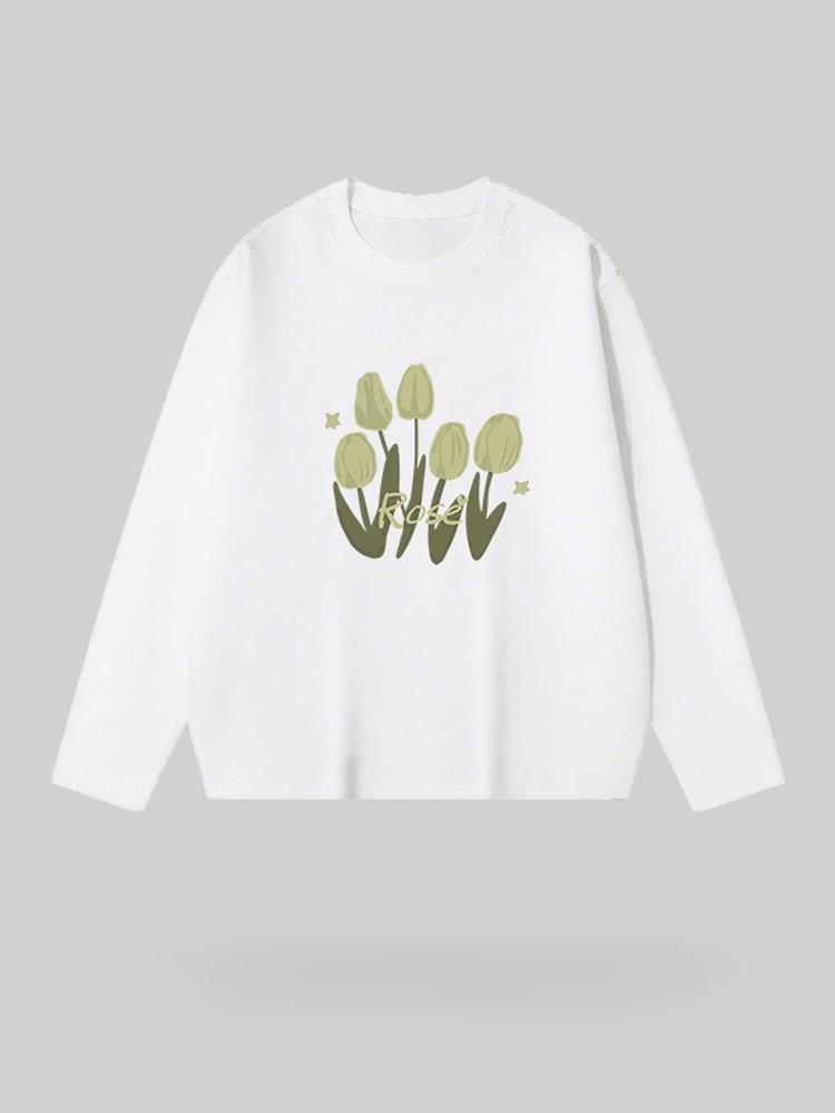 Women's Floral Print Loose Long-Sleeve Cotton T-Shirt - Slim Fit, Round Neck, White, Casual Spring & Autumn Wear