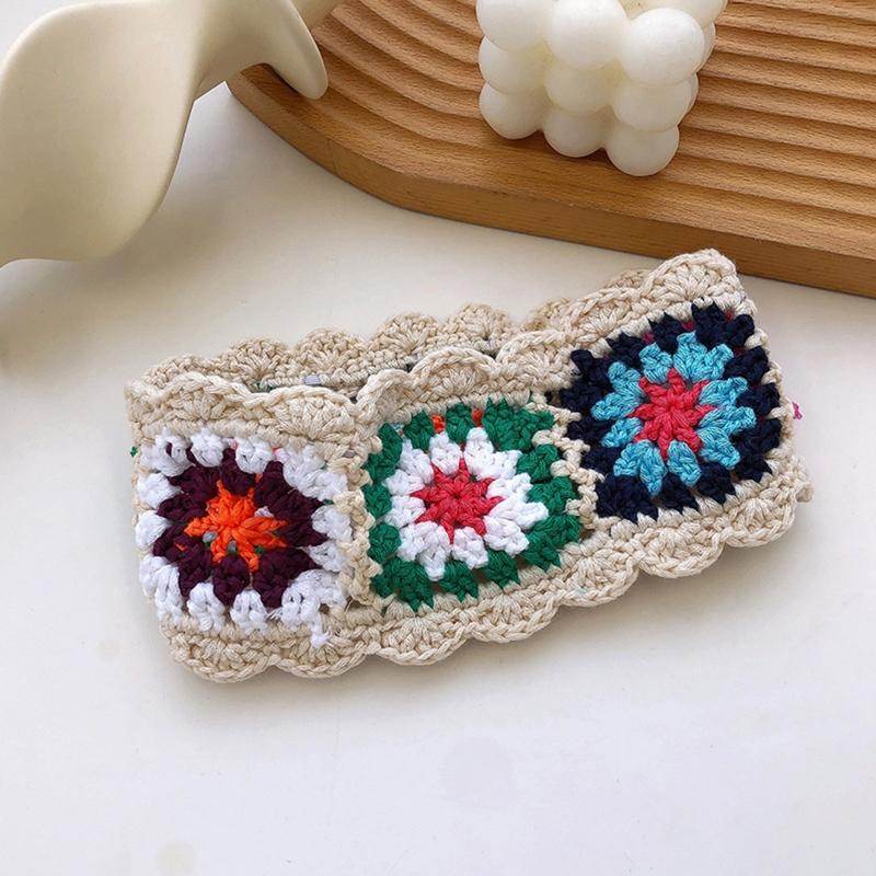 Crochet Colorful Bandana Knitted Hair Kerchief Tie Back for Head Wrap Color Matching Pastoral Turban for Girls Photo Pro