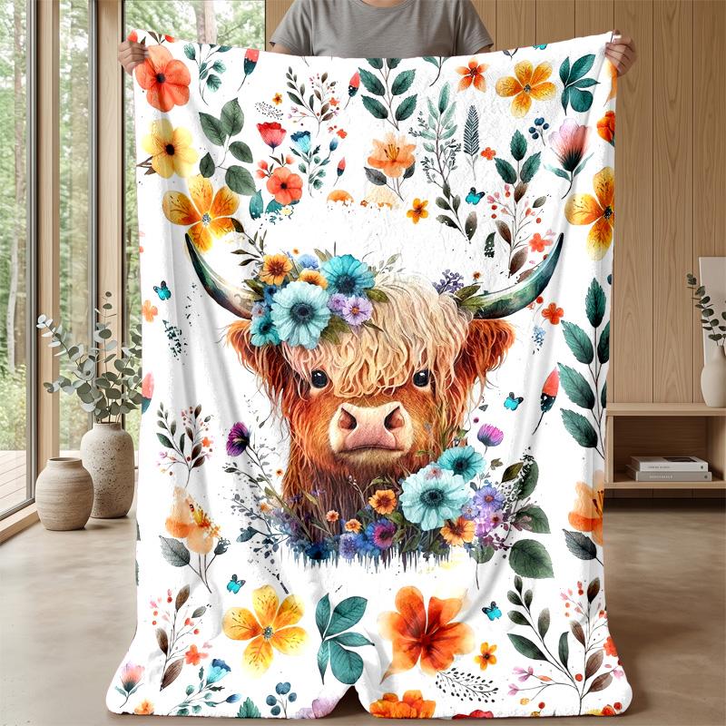 Festive Highland Cow Decoration Theme Blanket Lightweight Warm Flannel Blanket Decorative Throw Blanket for Home Decoration