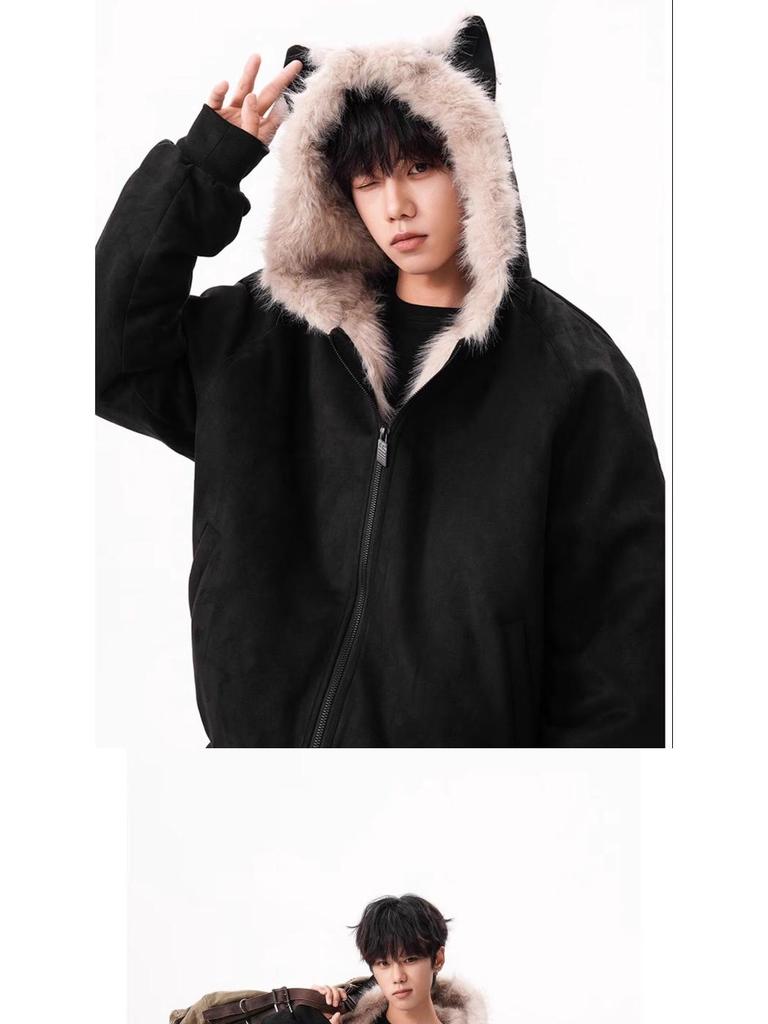 Unisex Winter Trendy Mountain Eagle Cotton Jacket with Thick Suede Plush Collar and Rabbit Ear Detail
