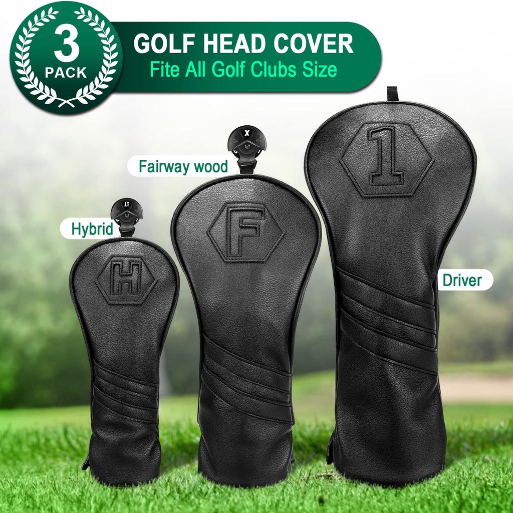 3-Piece Golf Headcover Set (1FUT) / Individual Golf Wood Cover Set for Driver, Fairway Wood, and Utility Clubs, Black (3-Piece Set (1FH))