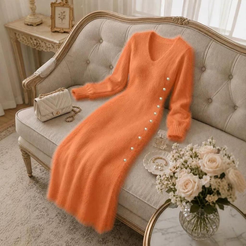 Women's V-Neck Long Sleeve Button-Down Knit Sweater Dress for Autumn/Winter