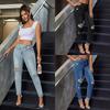 High Waist Slim Fit Distressed Denim Jeans Women Stretchy Cropped Skinny Pants In Light Blue Dark Black