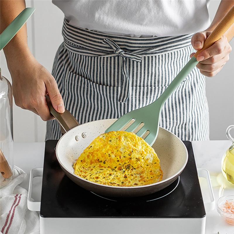 Classy-5Pcs Silicone Kitchen Utensils Set With Wooden Handle Non-Stick Spatula Cooking Set Frying Spatula Ladle Rice Spoon