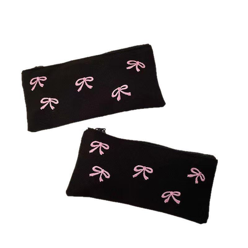 Large Capacity Stationery Bag Bow Embroidered Zipper Portable Pencil Pouch for Students Weekend Tutoring Class Use