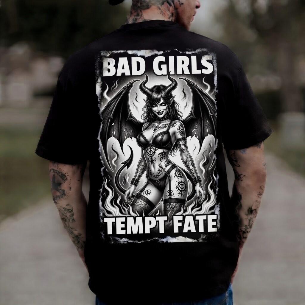 Bad Girls Tempt Fate Black Graphic Demon Tattoo Edgy Tee Unisex T-Shirt L