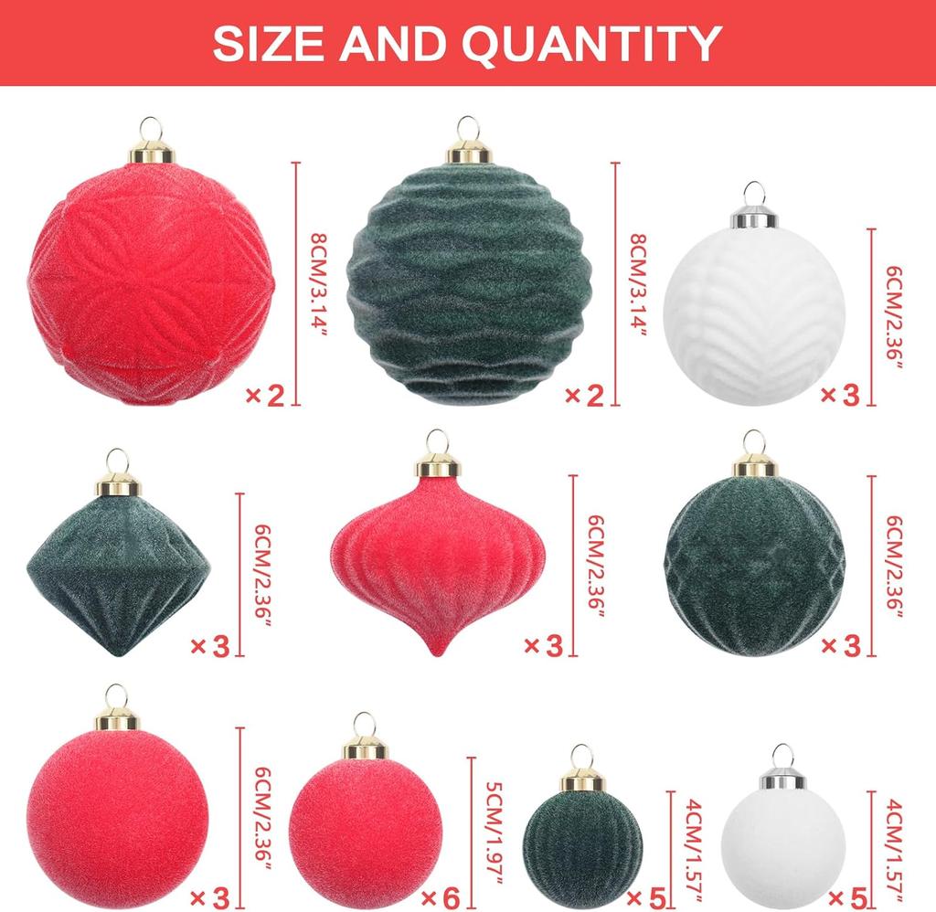 Velvet Christmas Ornaments Set, 35PCS Flocked Shatterproof Assorted Hanging Xmas Tree Ball Decorations Home Party Holiday Decor