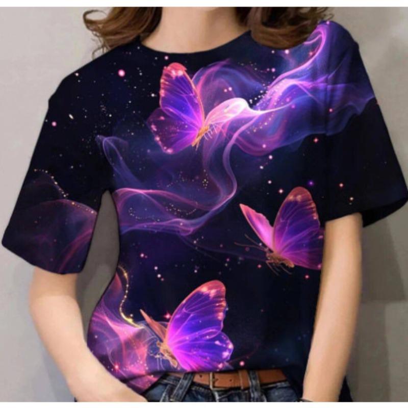 Butterfly Print Simple Personalized T-shirt Women Casual Comfortable Round Neck Plus Size T-shirt
