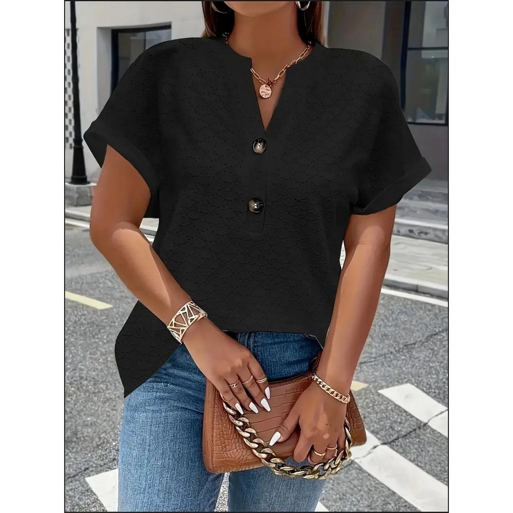New Women's Plus Size Fashion Casual Solid V-neck Button Top, Versatile Daily Basic Shirt For Women, European American Style Crossbody Clothing