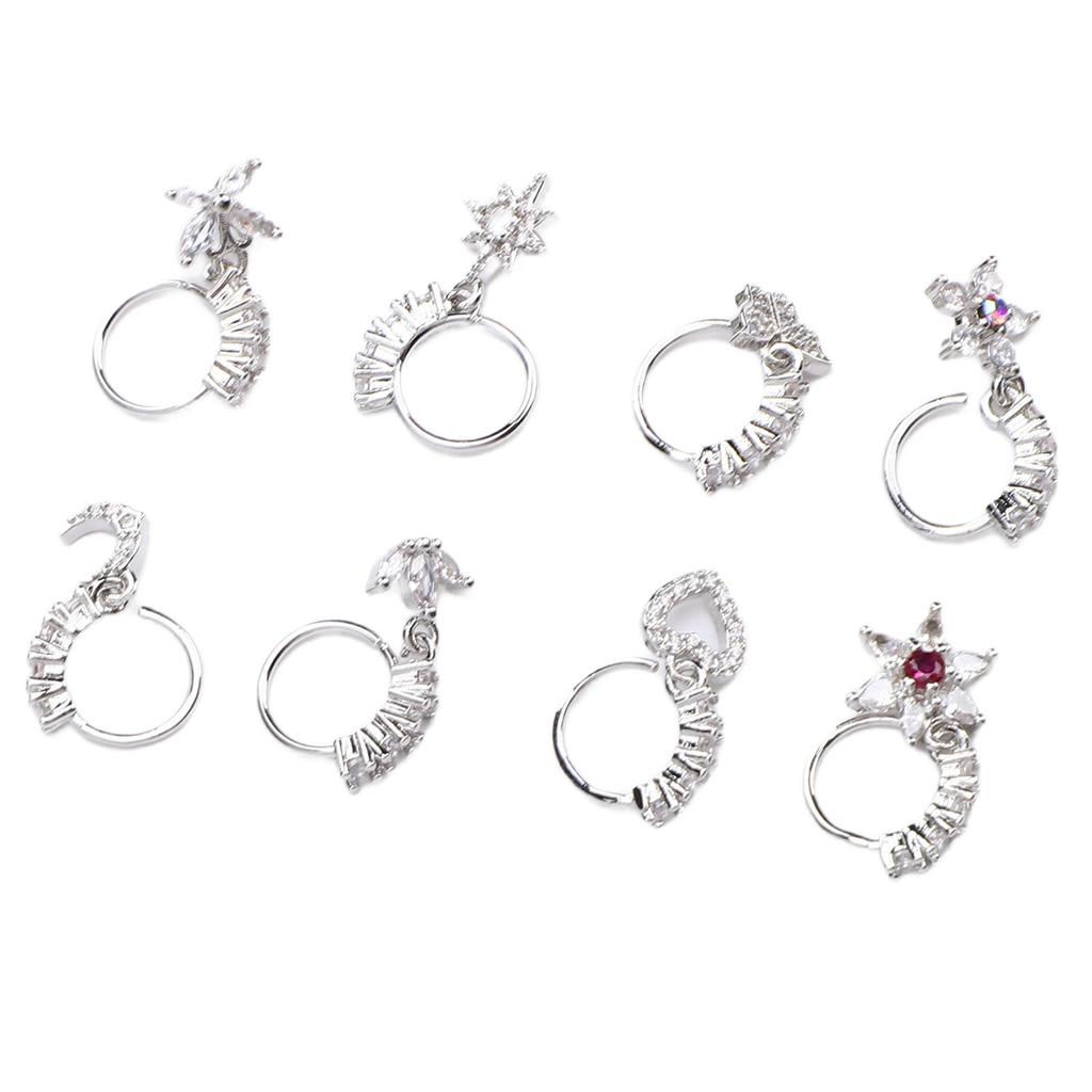 8pcs Hanging Nose Ring Flower Star Heart Pendant Dangle Nose Ring Fashion Jewelry for Women Silver Inner Diameter 8mm