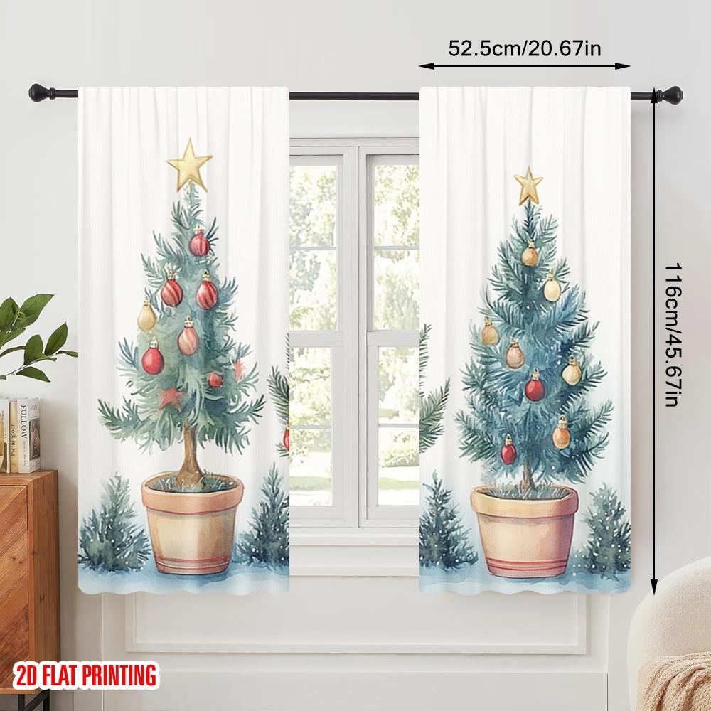 2pcs,2D Plane Printing Window Curtain Christmas Tree Ornament Watercolor (2) Polyester Easy Install (without Rod) Festive Ldeal