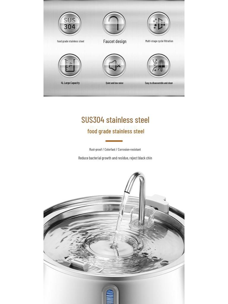 SUS304 Stainless Steel 4L Automatic Pet Water Dispenser with Visible Window