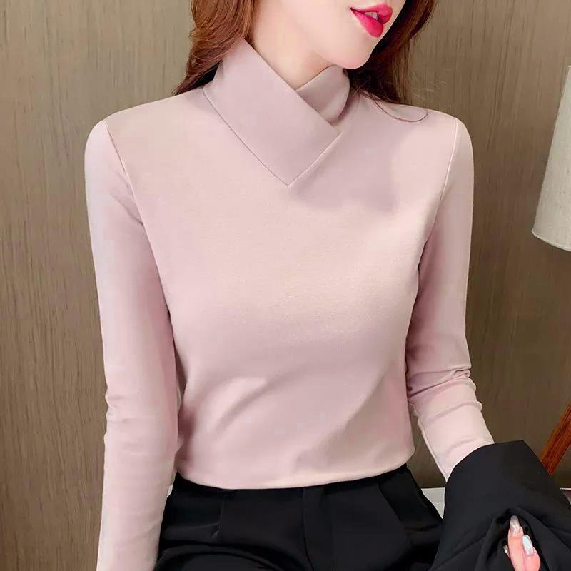 Autumn Winter Fleecing Matching Basic Tops Half High Collar Shirt And Blouse Long Sleeve T-shirt for Women Sweet Elegance Blouse
