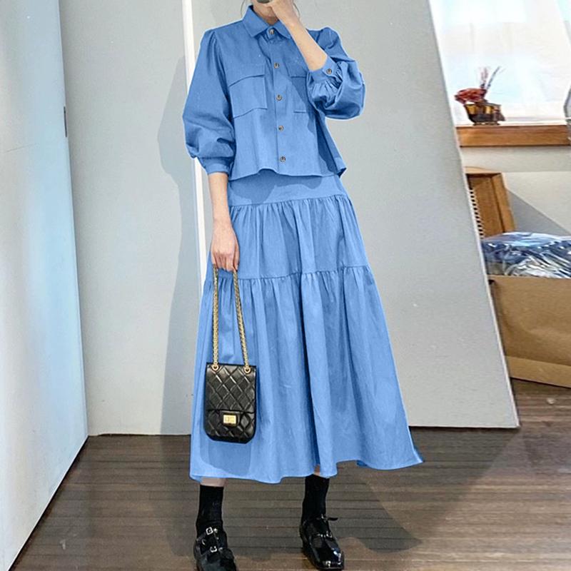 ZANZEA Women Long Sleeve Blouse and Long Skirts Casual Two Piece Suit Sets