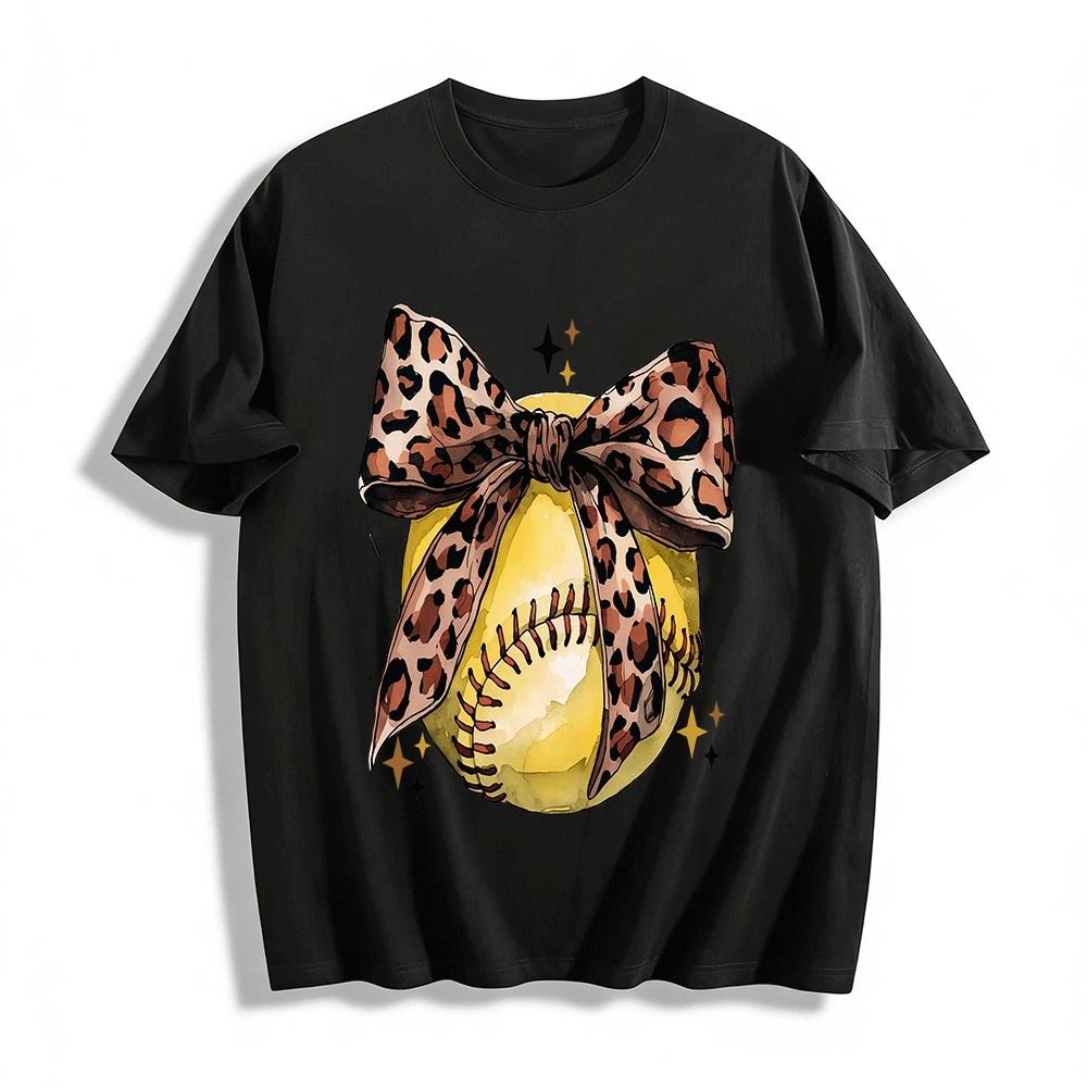 Leopard Print Bow Softball Graphic Casual Top Pure cotton T-shirt XXS
