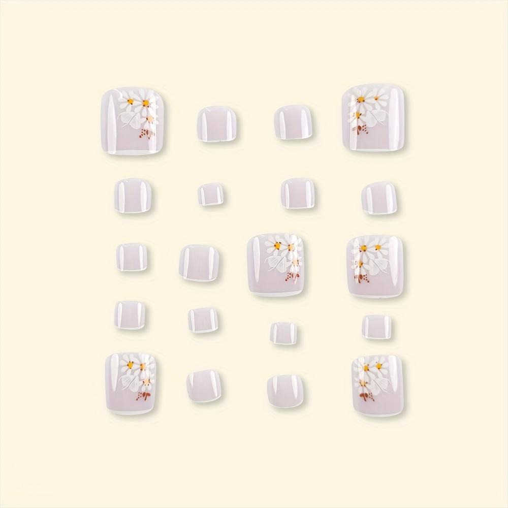 24-Piece Short Square Shape Glossy Purple Flower Pattern Nail Wraps - Fashionable French Floral Nail Forms for Toes with Glossy Finish