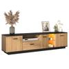 TV Cabinet with One Drawer, Three Doors, Two Open Compartments with Glass, Fine Structure, Black and Natural Wood Colors, 16 Variable LED Lights
