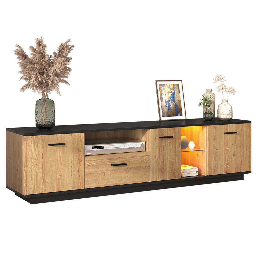 TV Cabinet with One Drawer, Three Doors, Two Open Compartments with Glass, Fine Structure, Black and Natural Wood Colors, 16 Variable LED Lights