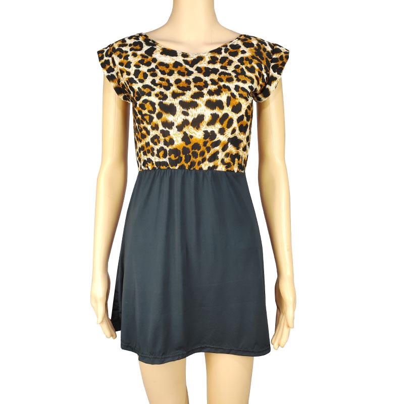 European & American Leopard Print Sexy Club Dress - Casual Short Sleeve, Round Neck, Pleated Princess Style for Women