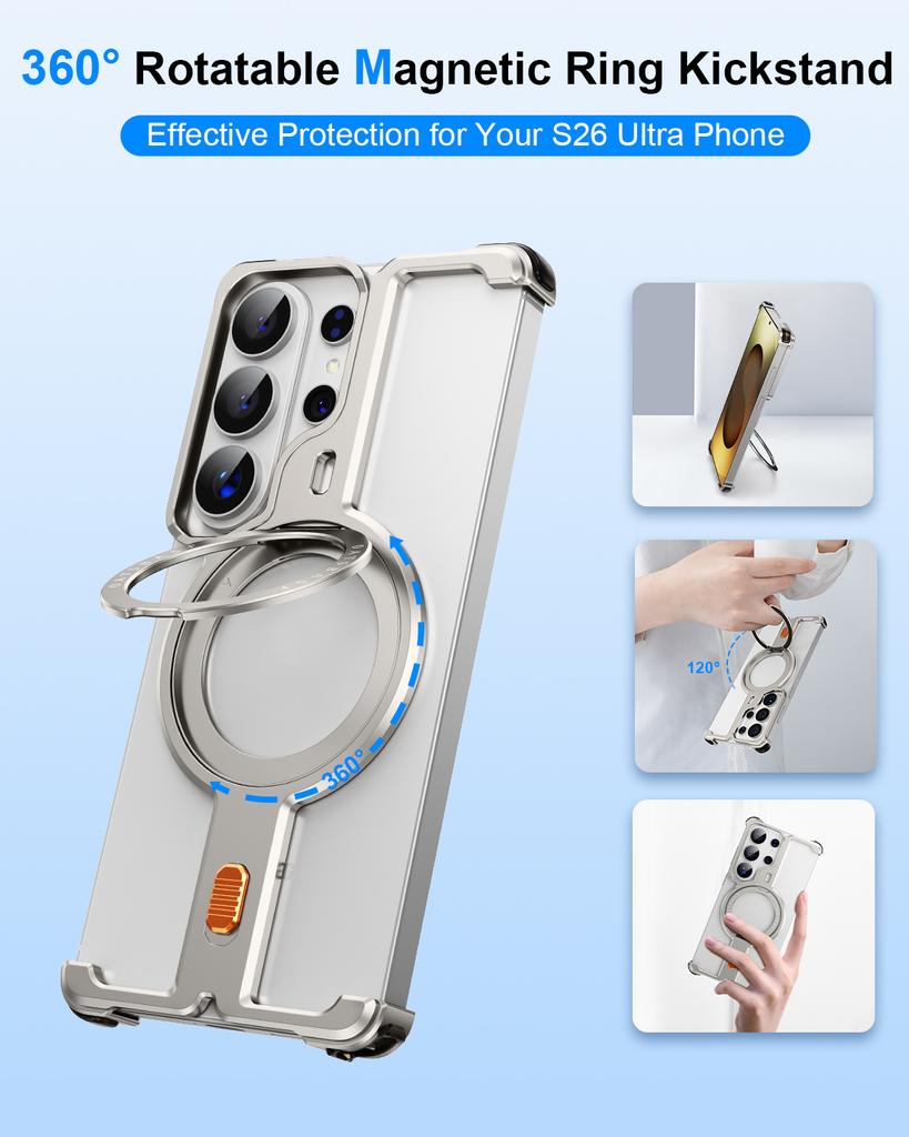Eary pro pouzdro na telefon Samsung Galaxy S26 Ultra Kovové s 360° otočným magnetickým stojánkem Bezrámový kryt Ochrana displeje Nárazuvzdorné