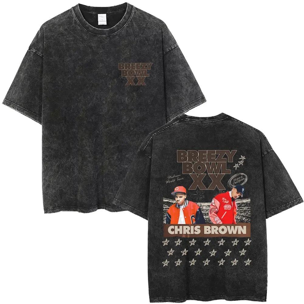 Vintage Washed Chris Brown Graphic T-shirt Breezy Bowl XX Tour 2026 Merch T Shirts Men Women Hip Hop Fashion Oversized T-shirts