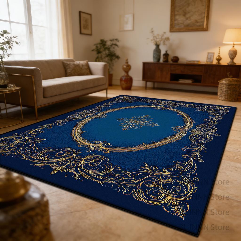Teppich für Wohnzimmer Europäischer Stil Luxus Blauer Teppich Dekoration Zuhause Maschinenwaschbar Weich Rutschfeste Matte Große Größe Anpassbar