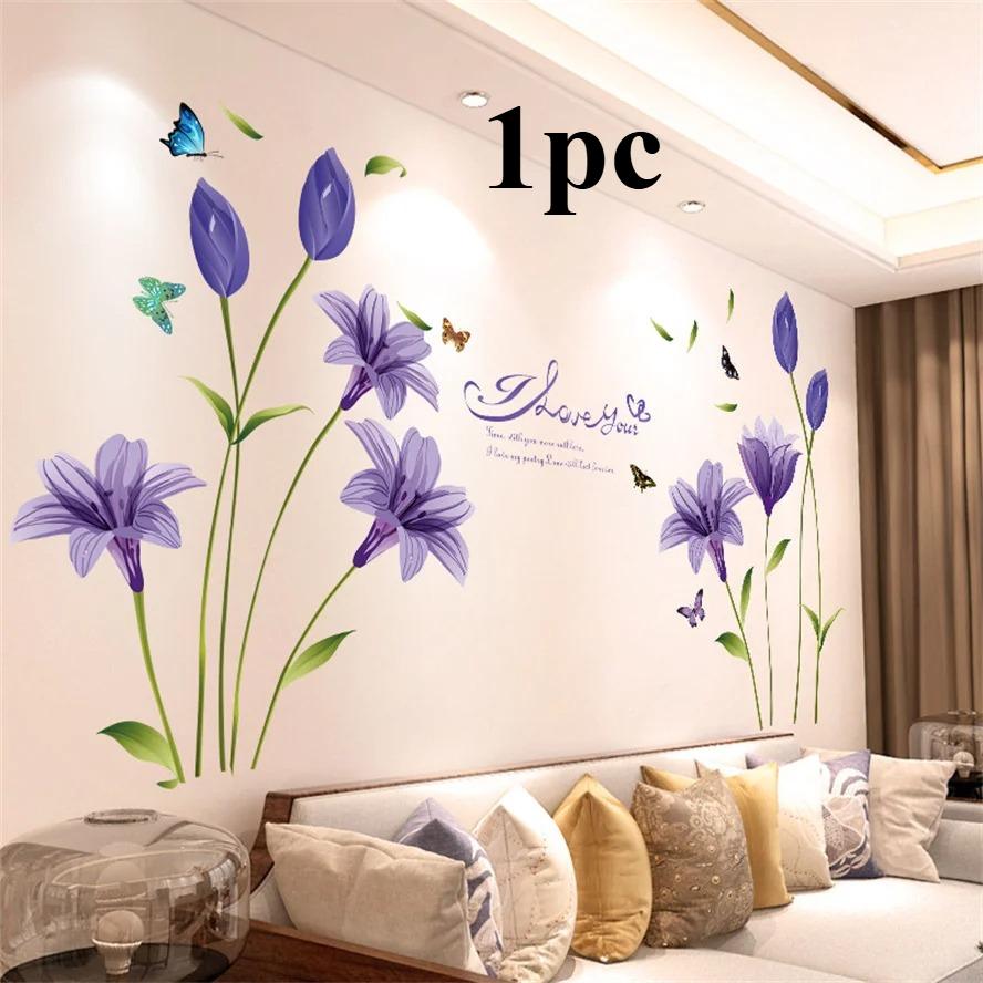 DIY Paarse Lavendel Woonkamer Muurstickers Decor Zelfklevende Bloemen Vlinder Muurstickers Muurschildering Slaapkamer Huisdecoraties white