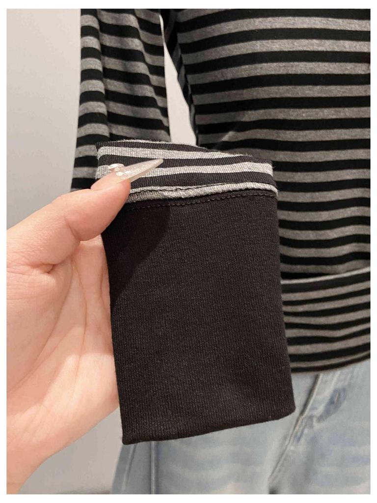 Women's European Stripe U-Neck Long-Sleeve Base Layer Shirt, Straight Shoulder Design, Spring Wear