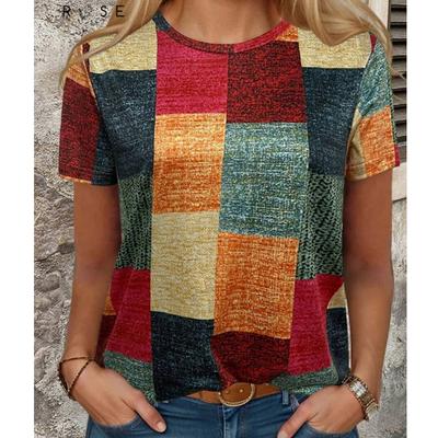 Camiseta de Verano para Mujer Patrón de Cuadros Moda Retro Manga Corta Camisetas Casuales Tops Impresos