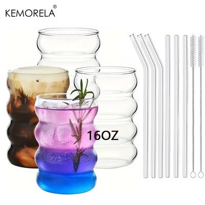 4PCS Set 350ML/470ML Drinking Glasses With Glass Straw 16Oz Shaped Glass Cups Beer Glasses Iced Coffee Tumbler Cup