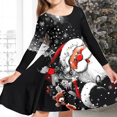 Spring Girl Casual 3D Cool Snowman Print Round Neck Long Sleeve Dress Kid Princess Dress for Christmas