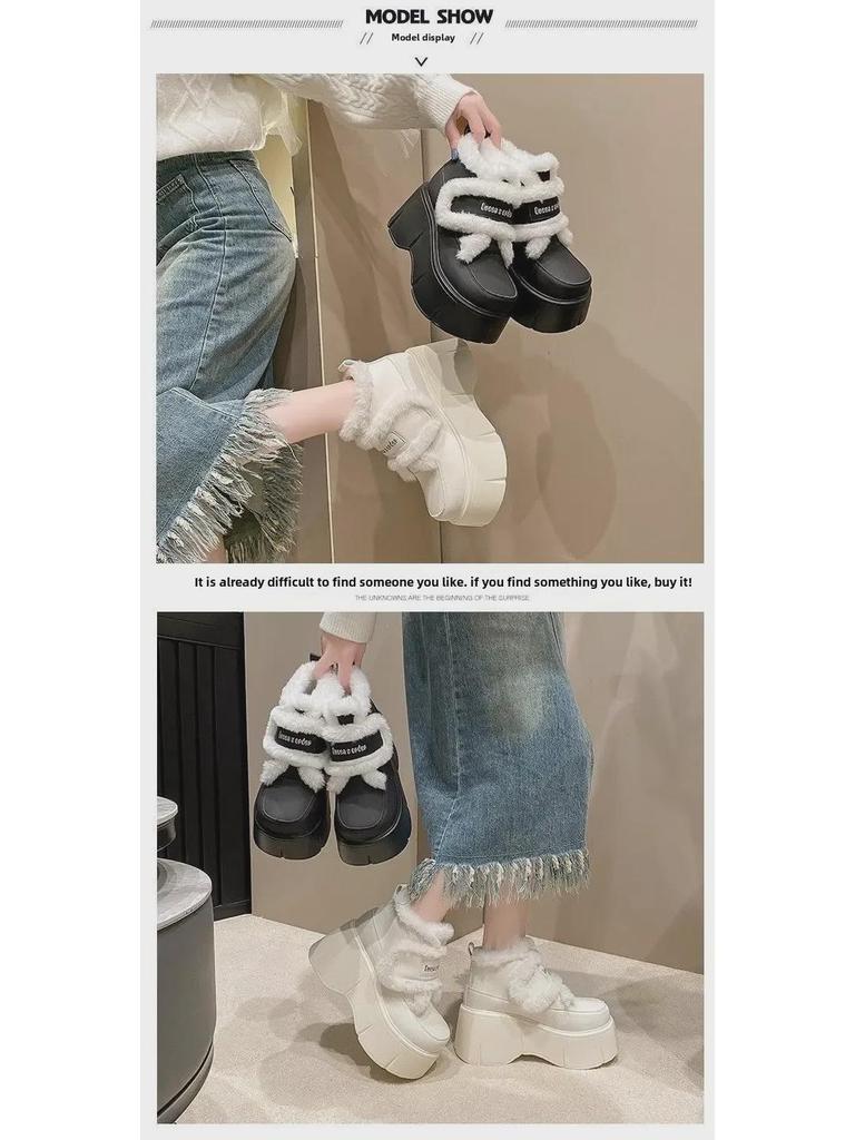 Women's Versatile Height-Boosting Velvet Platform Shoes with Velcro, for Autumn/Winter 2024