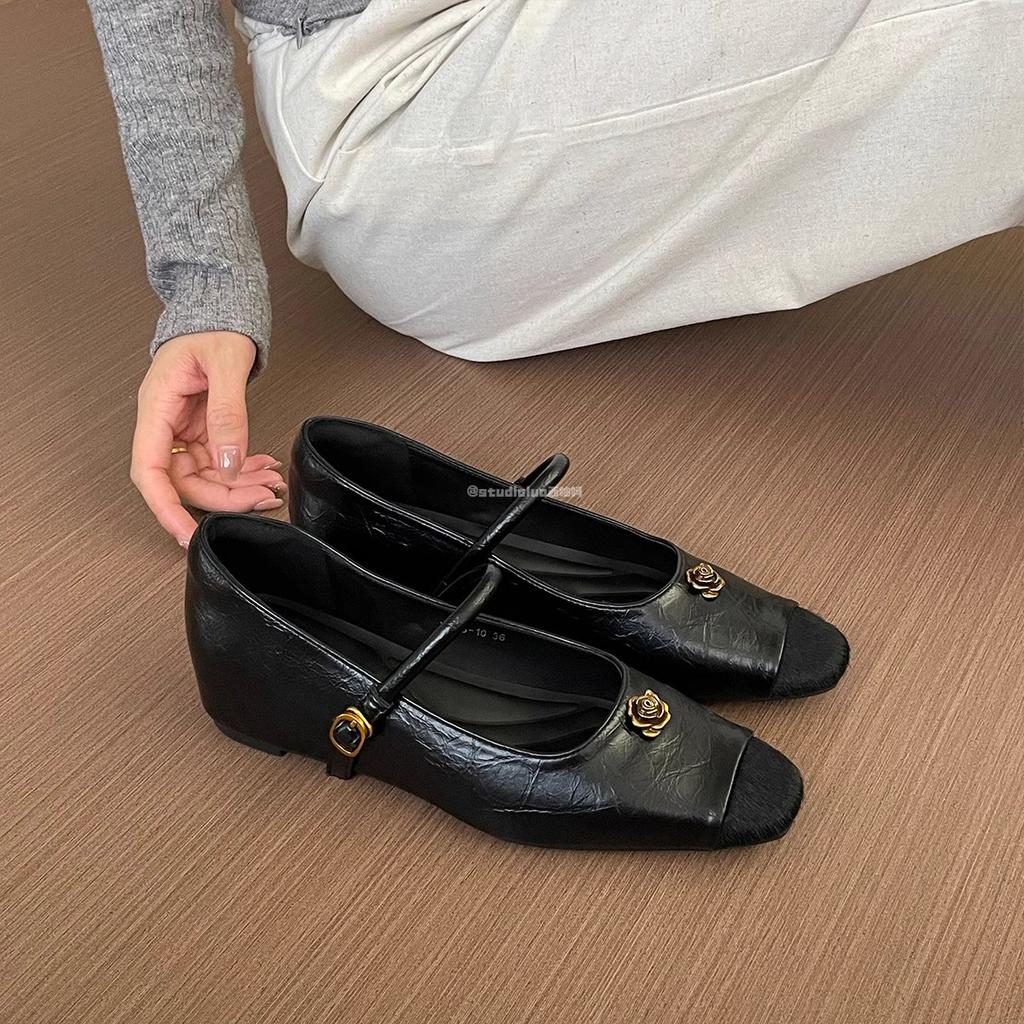 Sheepskin Version~ Leather Inner Height Increase Black Mary Jane Shoes Women's 2025 New Shallow Mouth One-word Strap with Skirt Single Shoes