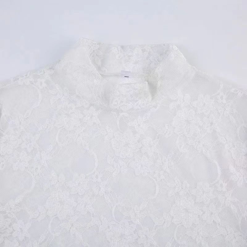 T-Shirt mit halbem Stehkragen, Spitze und Mesh im französischen Stil, langärmlig für Damen, leicht, durchsichtig, Sonnenschutzhemd, Slim Fit, Spicy Girl Top