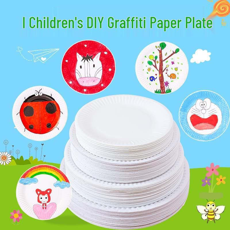 Children's Disposable White Paper Plates for Painting, Drawing, and Crafts - DIY Craft Materials for Cake and Kindergarten Activities.