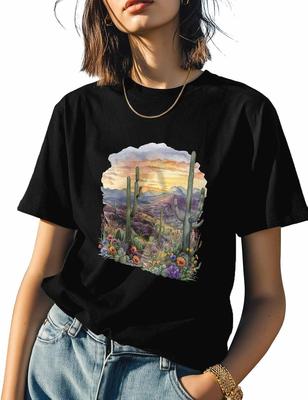 T Shirts for Women Graphic Tees Mountainous Cactus Crew Neck Short Sleeve Shirts for Women Scenery Casual T-Shirt