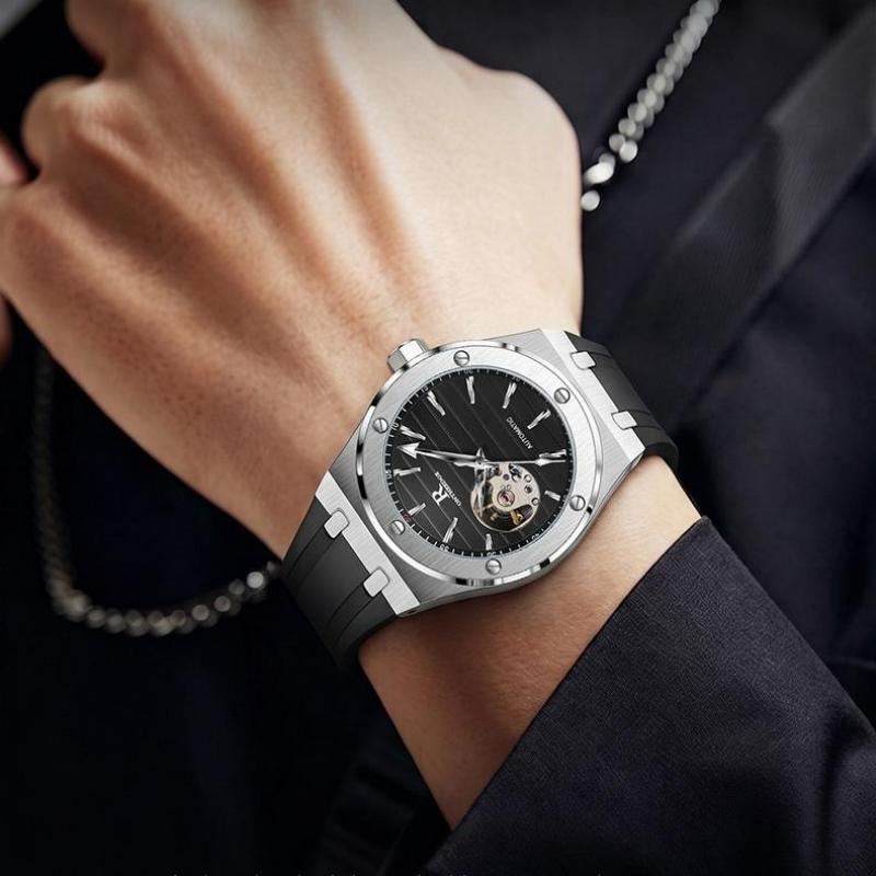 Skeleton Automatic Mechanical Watch for Men Hollow Movement Luminous Hands Waterproof Rubber Strap Sport Casual Mens Wrist Watch