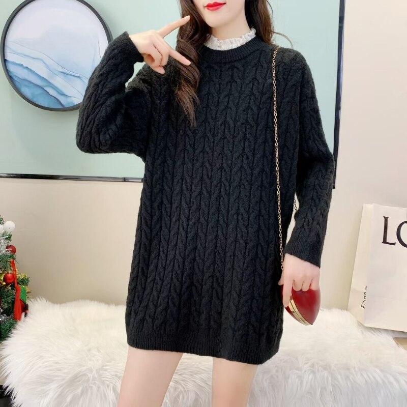 Genser kvinner høst og vinter blonder halvhøy hals strikking over kne lange ermer utenlandsk solid casual genser kvinne