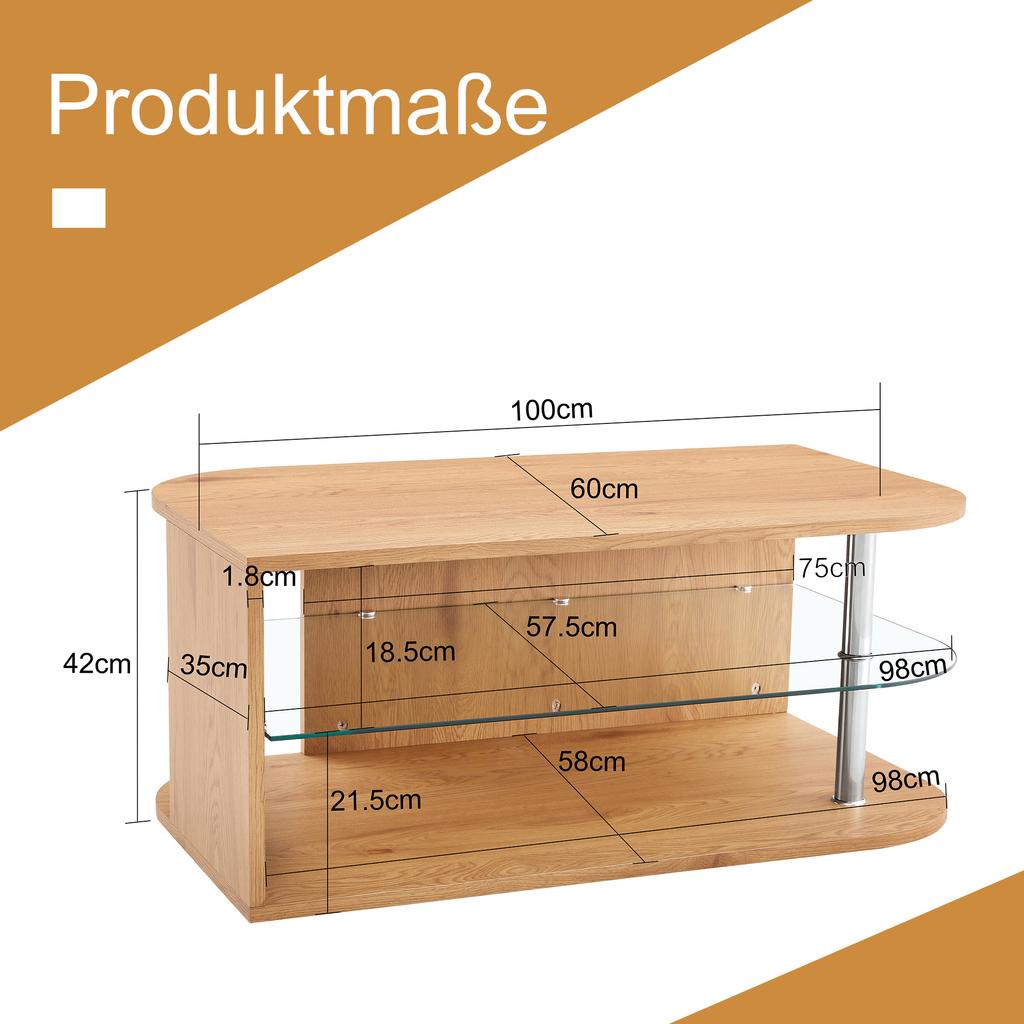 Modern Coffee Table with Storage, Natural Wood and Glass Shelf, Minimalist Living Room Table for Home Office, Apartment and Small Spaces (100x60x42cm)