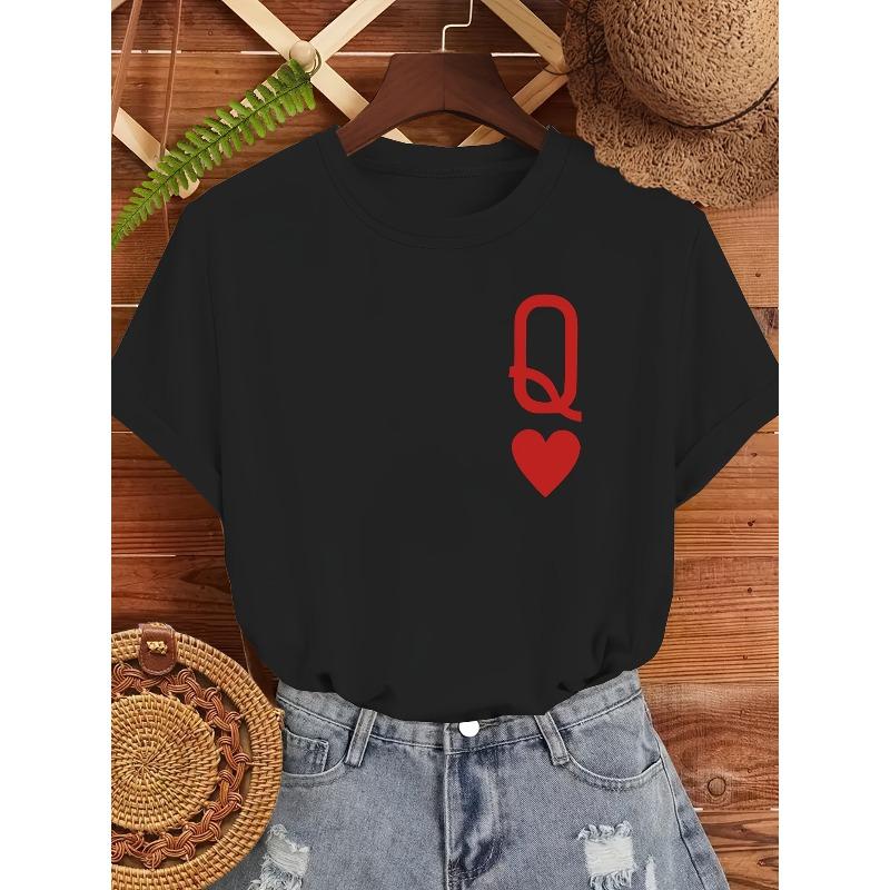 

European sizes Women s Casual Short Sleeve T-Shirt - Red Q & Heart Graphic Print, Breathable Round Neck Tee 4XL