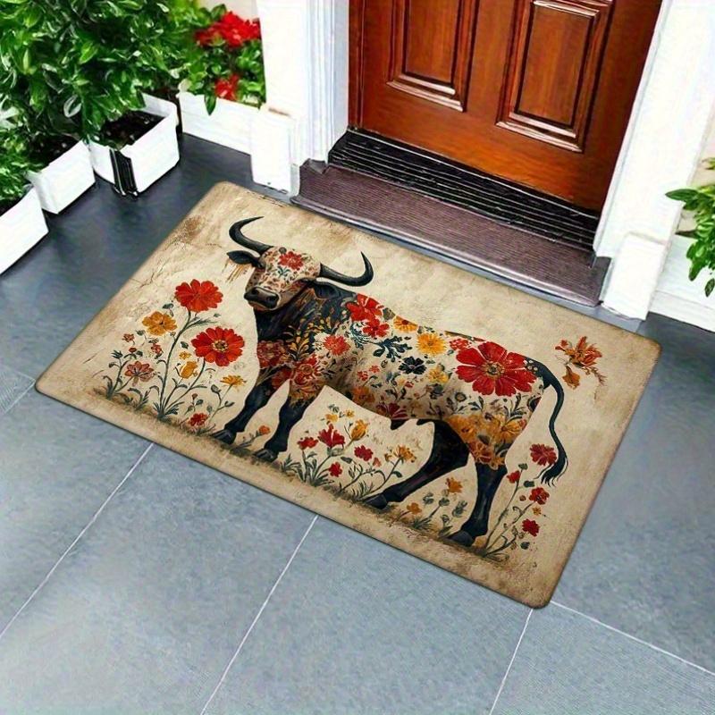1pc Flannel Sponge 0.47inch Thick - Colorful Decorative Cow Pattern Washable Floor Area Mat, Floor Mat for Entrance, Kitchen, Li
