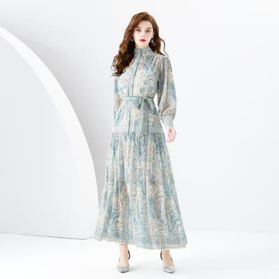 Summer Women's Spring Stand Collar Vintage Long Dress Lantern Sleeve Button Dresses Floral Sundress For Vacation