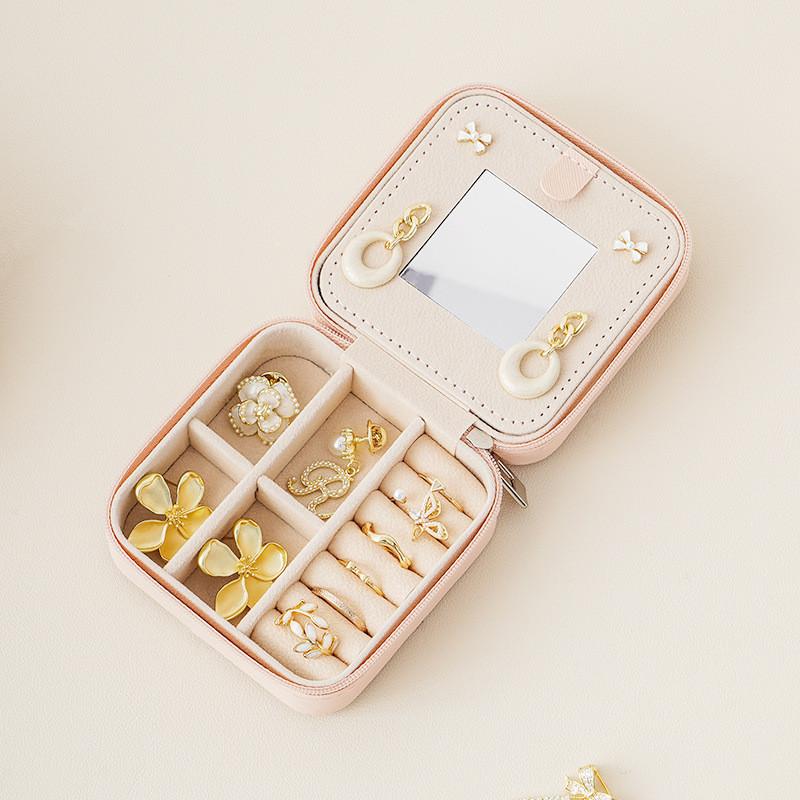 Leather Jewelry Box With Mirror For Earrings Rings And Necklace Storage