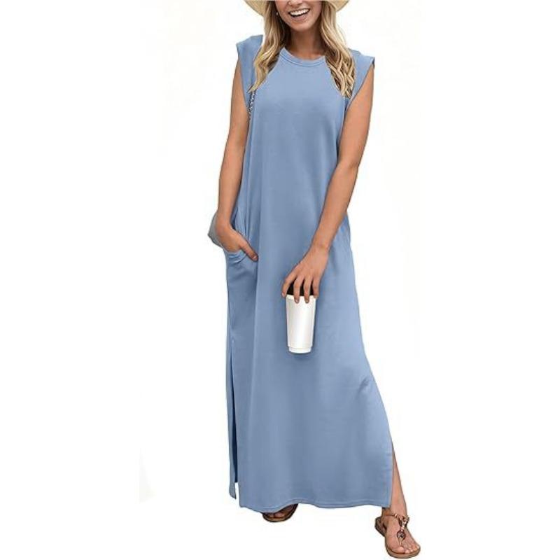 Women's Round-neck Loose Slit Sleeveless Long Pocket Dress