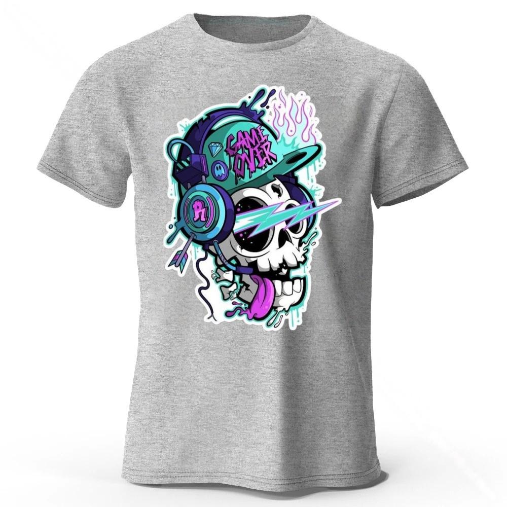 

Hip-hop Rock Style Skull Print Cotton Short Sleeves Men Loose Oversized T-shirt Tops S серый