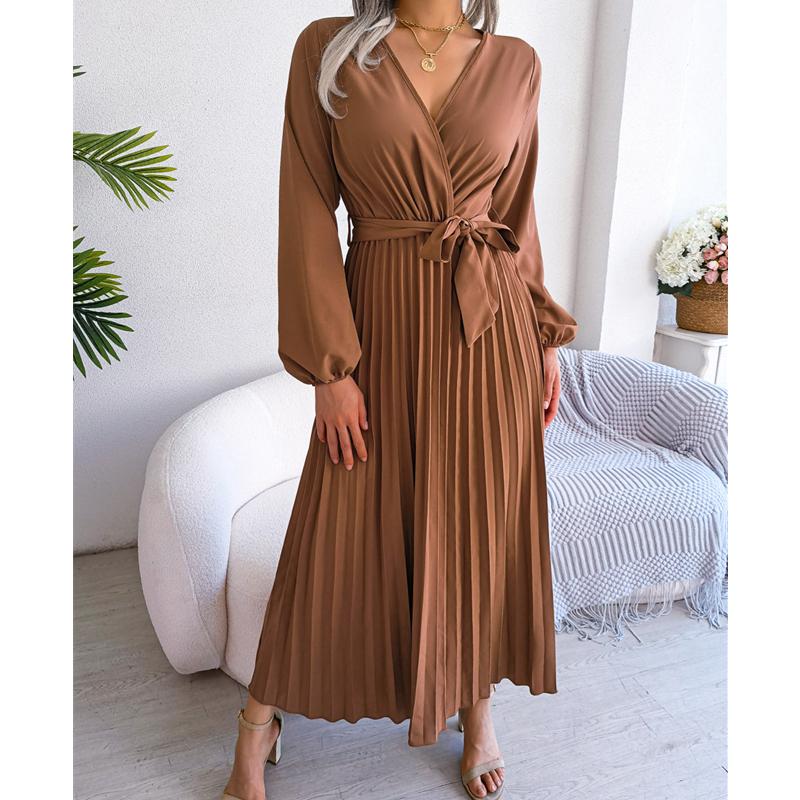 

DAFIFY женские модные летние весенние однотонные повседневные платья с длинным рукавом и v-образным вырезом и высокой талией XL