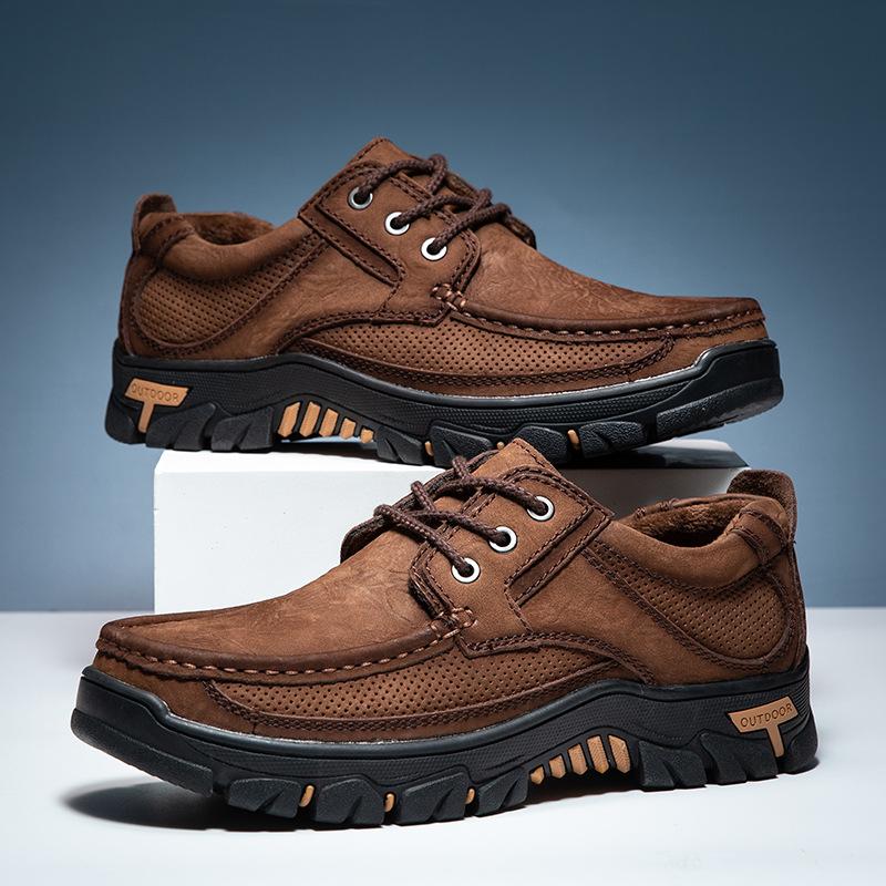 Fashion Spring and Summer Outdoor Sports Men Hiking Leather Shoes Breathable Top Layer Cowhide Casual Leather Shoes