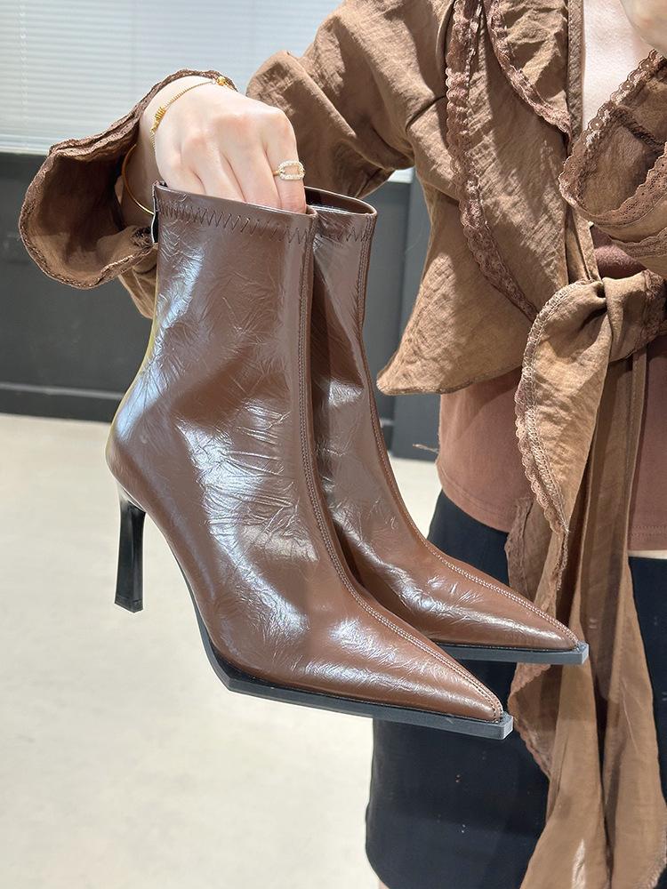 High-heeled Pointed Short Boots, Autumn and Winter 2025 New European and American Thin-heeled Splicing Bare Boots, Thin Boots, Retro Brown Short Boots